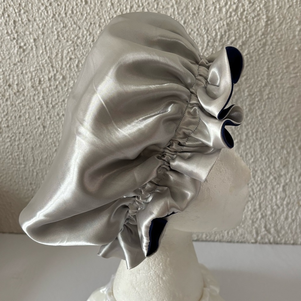 Reversible Satin Sleep Bonnet – Navy Blue & Silver – Extra Large, Elastic Fit - Picture 9 of 16